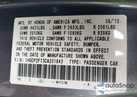 2012 Honda Accord 2.4 Ex from USA, damaged, VIN 1HGCP2F73CA201643